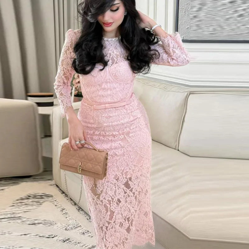 Bettergirl 2025 Spring and Summer Elastic Lace Diamond Stereo-chest Cushion Fishbone Dress High Waist Slim Sheath Dress