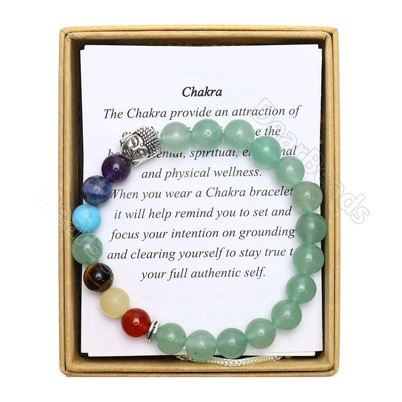 Custom 7 Seven Chakra Natural Stone Bracelets Aventurine Healing Crystal Beaded Bracelet for Women Girls with Gift Box