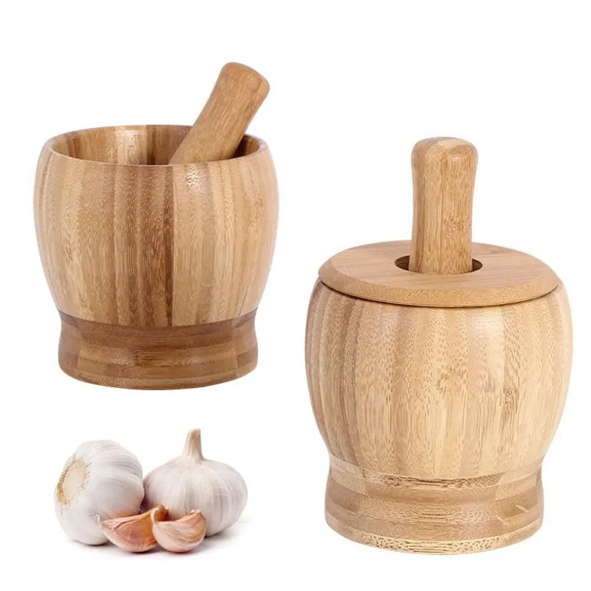 Household Kitchen Eco-Friendly Manual Garlic Press Food Herb Spice Masher Grinder Chopper Bamboo Mortar Pestle Set for