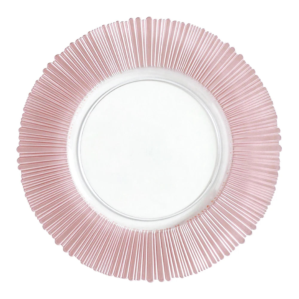 2025 New Hot Irregular 13inch Round Clear With Pink Gold SIlver Edge Rim Tableware Glass Charger Plate for Wedding Decorations