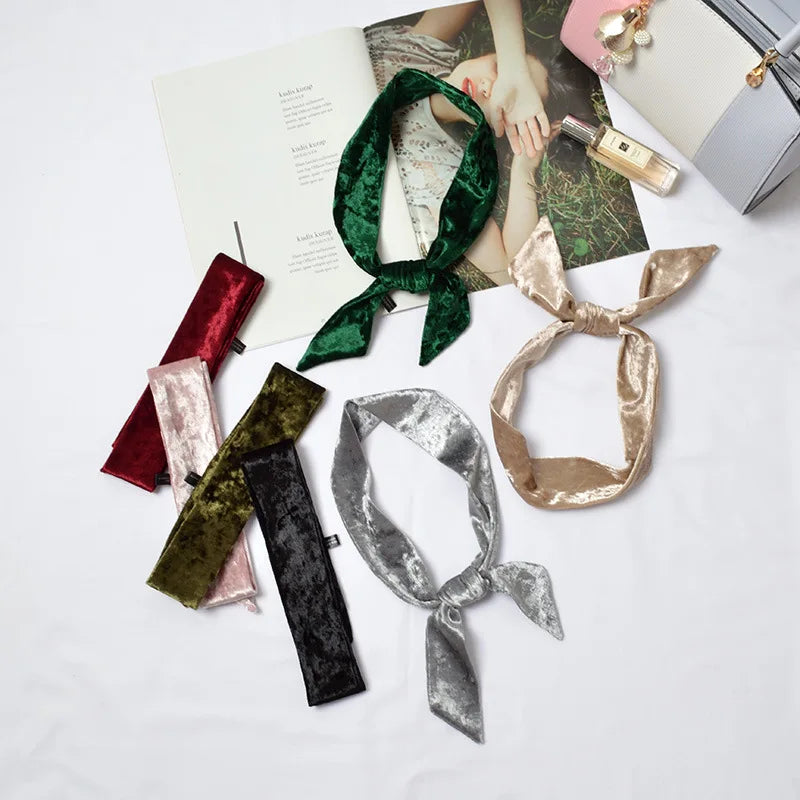 MIO New Women Scarf Thin Solid Color Neckerchief Pure Velvet Skinny Silk Scarf Girls Vintage Tie Belt Head Scarves for Ladies