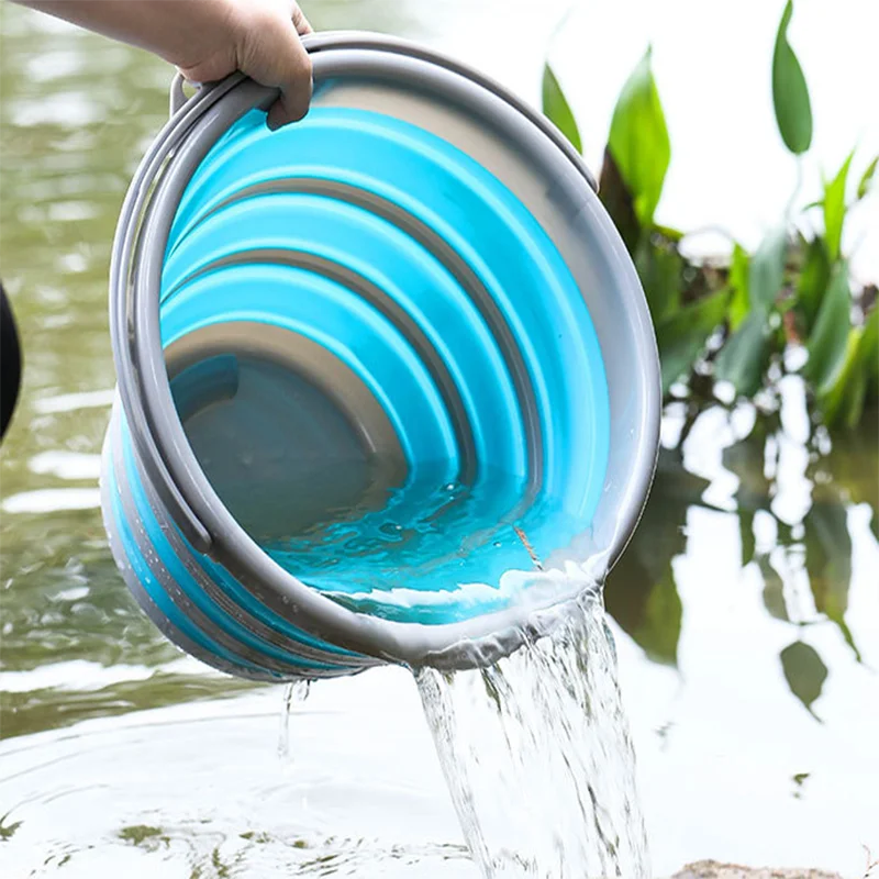 Outdoor Food Grade 5L 10L Foldable Ice Water Bucket in Red & Blue Round Plastic Storage Container