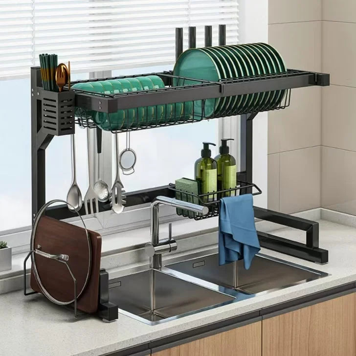 Large Capacity Stainless Steel Dish Rack Single or Double Over the Sink Covered Cabinet Kitchen Storage Drying Drain