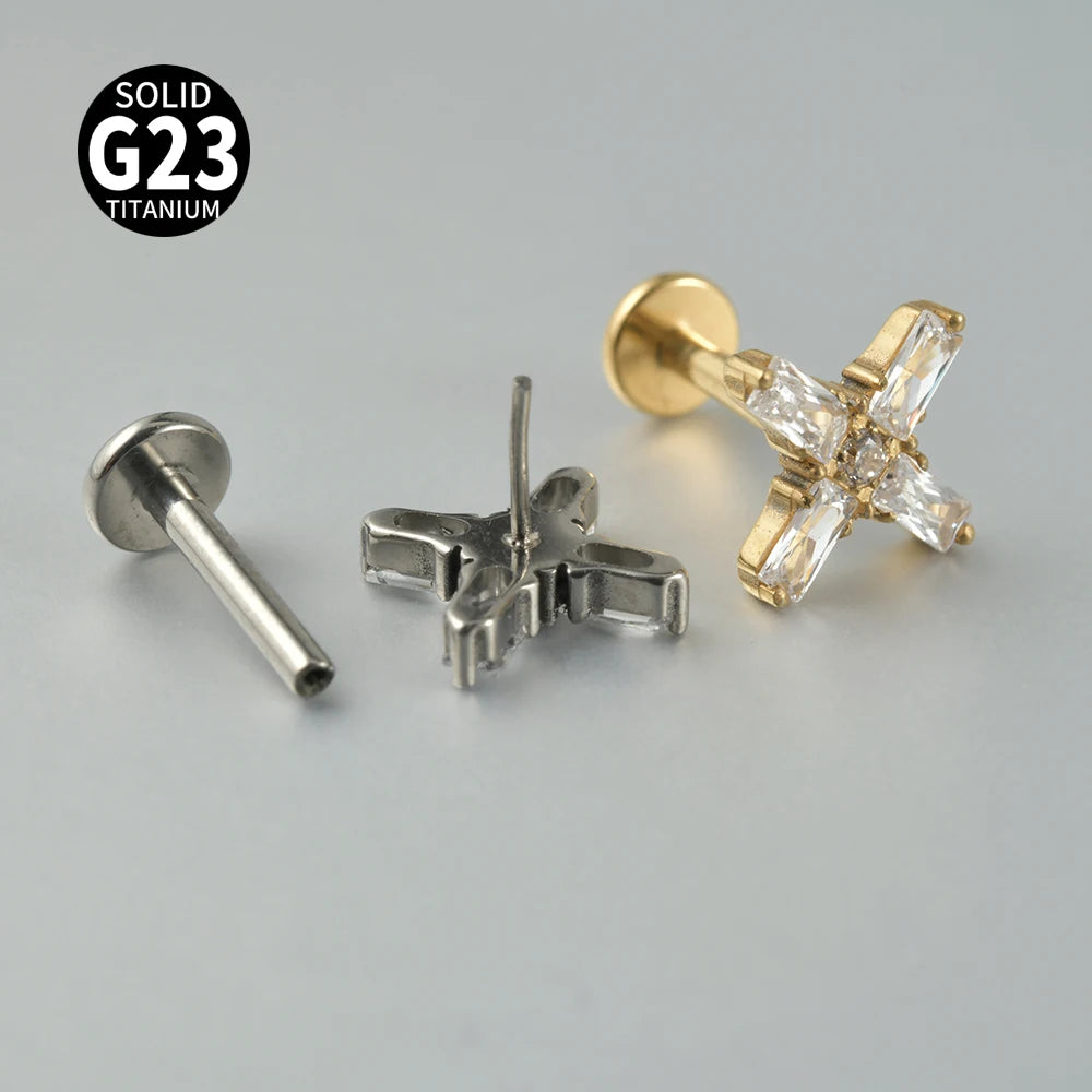 ASTM F136 Titanium Push-in Labret Ear Helix Tragus Dragonfly Cross Flat Back Earring Threadless Piercing Jewelry