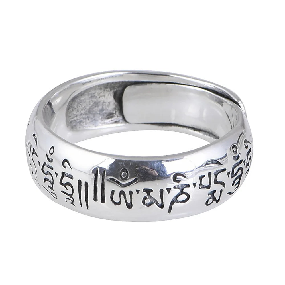 Real 990 Sterling Silver Six Character Om Mani Padme Hum Couple Adjustable Ring Tibet  Mantra Buddhist Fine Jewelry