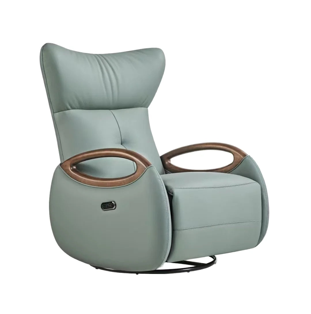 Modern Electric Single Sofa Recliner Chair Genuine Leather Rotary Adjustable Extendable Curved Armrest Wood Living Room Rocking MegaBDM