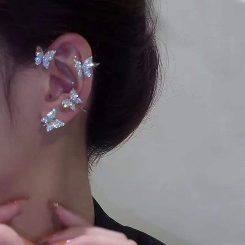 Simple Butterfly Geometric Earrings with Diamond Inlay Trendy Korean Temperament Pierced Hook Personalized Design Jewelry
