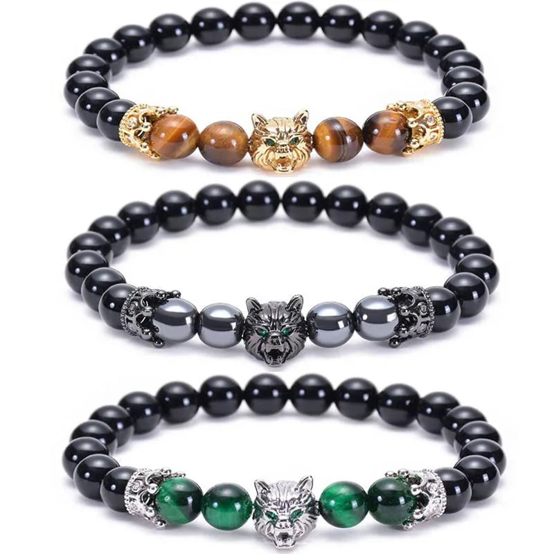 New Fashion Natural Stone Crown Beads Bracelets tiger Eye Wolf Elastic Hematite Gemstone Beads Bracelet for Men