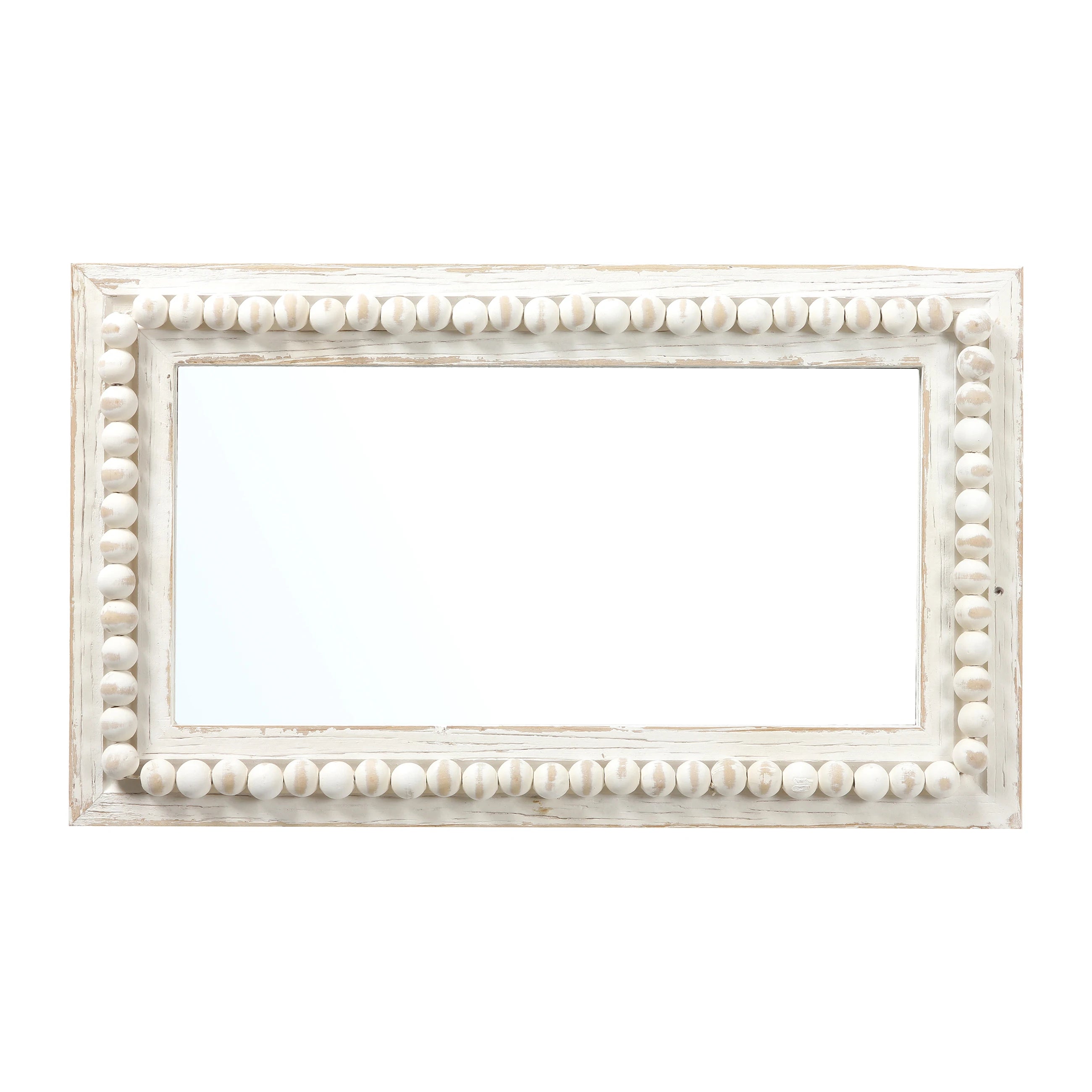 Handmade Farmhouse French Style Horizontal Vertical Carved Bead Wooden Wall Hanging Mirror Rectangle Rustic Wood Frame Mirror