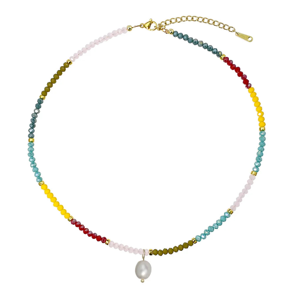 New Design Minimalist Gold Plated Stainless Steel Chain Candy Color Crystal Beads Choker Pear Charm Pearl Trendy Summer Necklace