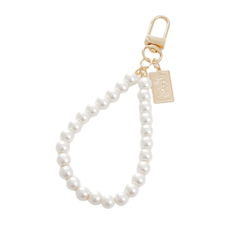 Fashion Pearl Keychain Bracelet for Women Beaded Keyring Wristlet House Car Keys Ring Pendant Key Chain