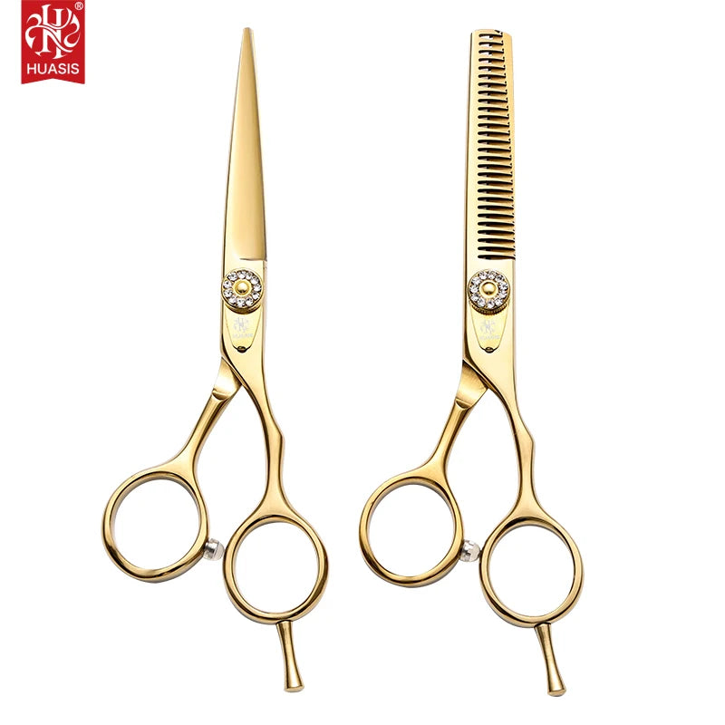 HUASIS HU52 5.5inch Beauty Hair Cutting Thinning Scissors Gold Titanium Coating Stainless Steel Finger Adjustable Convex Edge