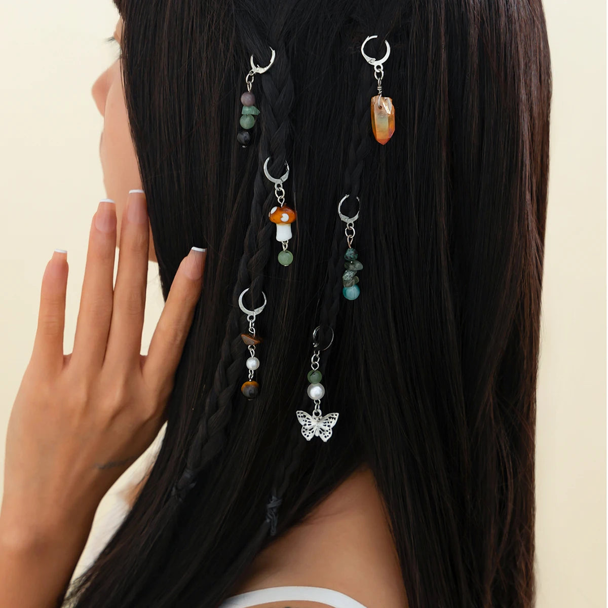6Pcs/Set Bohemian Colorful Turquoise Agate Butterfly Pendants Tassel Headdress Hair Chains for Women Fashion Jewelry Accessories