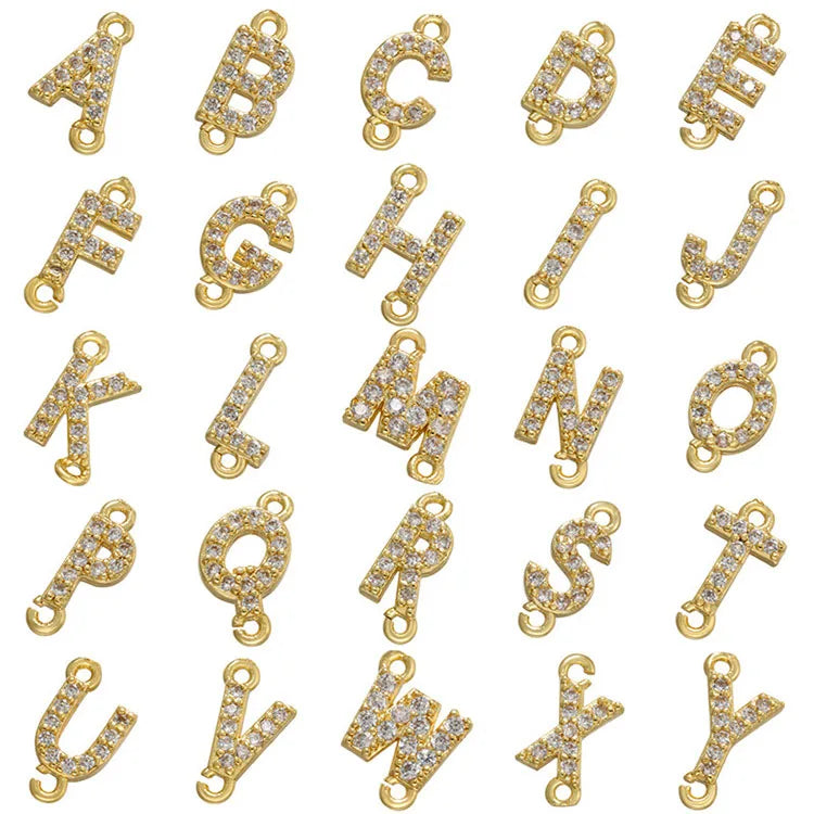 18K Gold Plated Mini Pave CZ Letter Initial Charm Connectors Micro Pave A-Z Alphabet Charms for Bracelet and Necklace Making