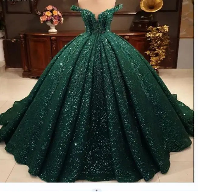 Off the Shoulder Glittering Quinceanera Dresses Luxury Birthday Party Vestidos De 15 Anos Shiny Green Prom Gowns MQ455
