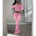 Custom Velour Tracksuit for Women Wholesale Jogging Suits High Quality Ladies Outfits 2 Piece Zip up Hoodie and Flared Pants Set