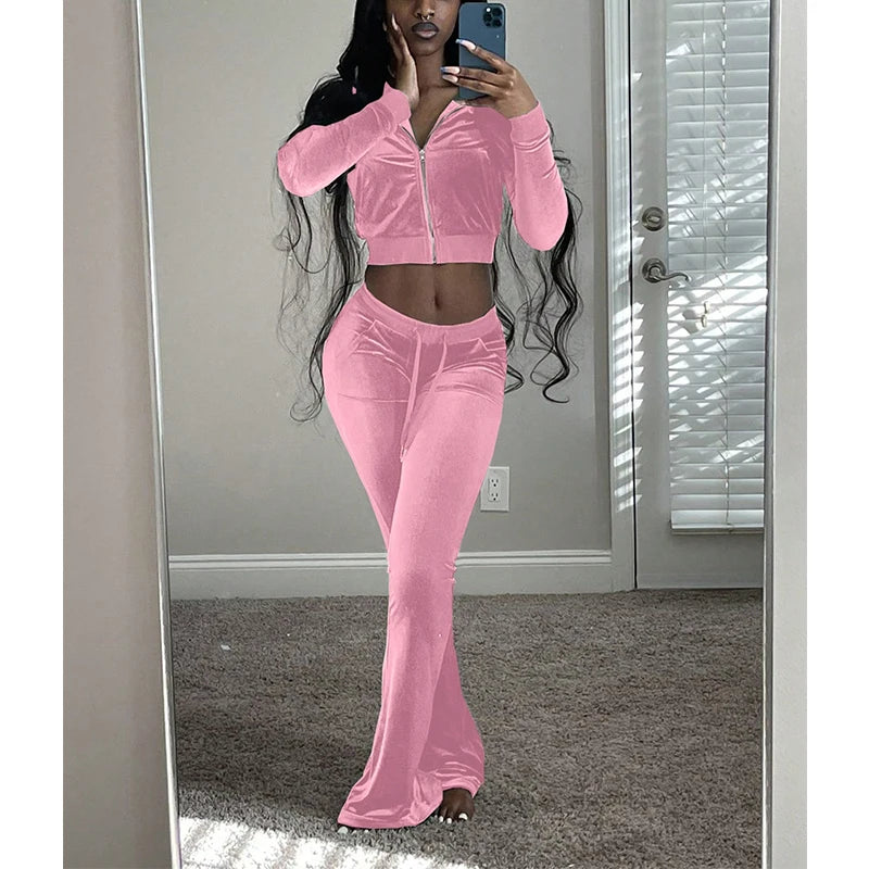 Custom Velour Tracksuit for Women Wholesale Jogging Suits High Quality Ladies Outfits 2 Piece Zip up Hoodie and Flared Pants Set