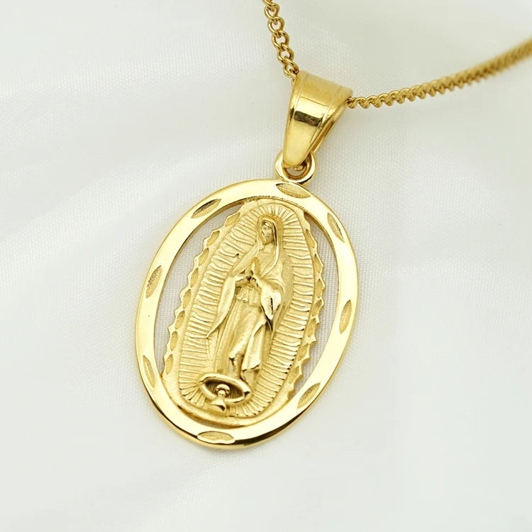 Fashion Jewelry Religious Gold Plated Stainless Steel Crystal Virgin Mary Fine Sweater Chain Pendant Necklace for Women Men Gift