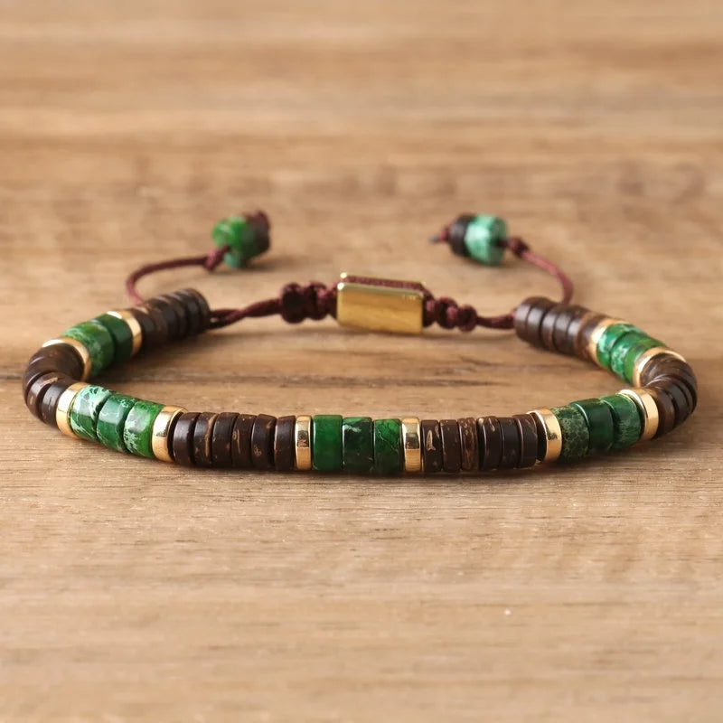 2x4mm Green Sea Sediment Jasper Bracelet for Women Adjustable Handwoven Coconut Husk Beads Minimalist Stone Beaded Bracelet