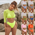 Printed Leopard Color Mesh Long Sleeve Sun Protection T-Shirt High Waist Three Piece Bikini