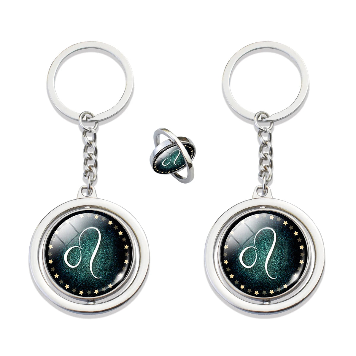 12 Constellations Key Chain Crystal Glass Dome Pendant Decompression Keychain Metal Rotation Zodiac Signs Keyring