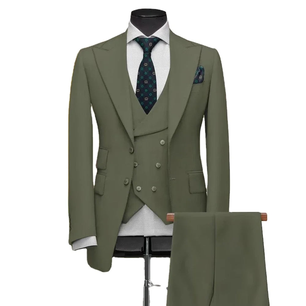 Male Suits Green Single Breasted Peaked Lapel 3 Piece Jacket Pants Vest Business Full Set Elegant Men's Suits Blazer Costume