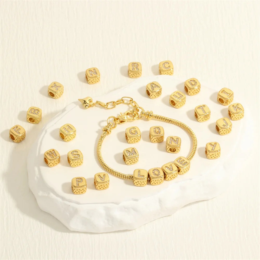 26 Letter DIY Name Bracelet 18K Shiny Gold Cube Alphabet Beads Square CZ Initial Beads for Bracelet Making