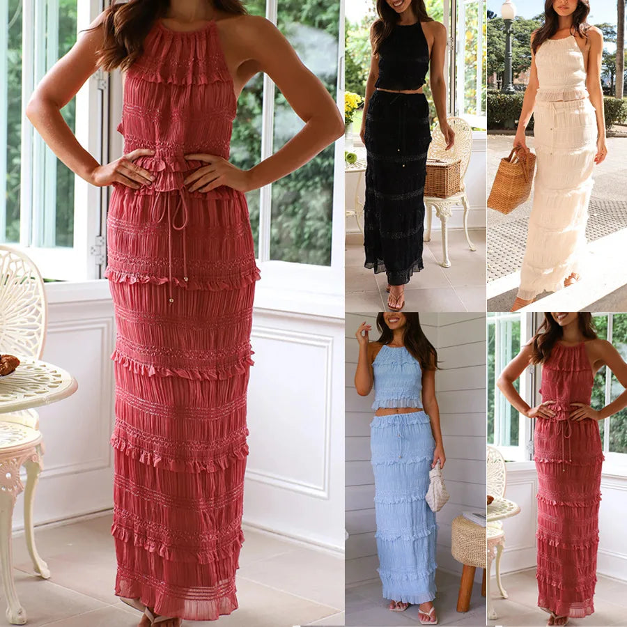 Boutique Wholesale 2025 Summer New Sleeveless Chiffon Vest Elastic Waist Loose Half Skirt Women's Set