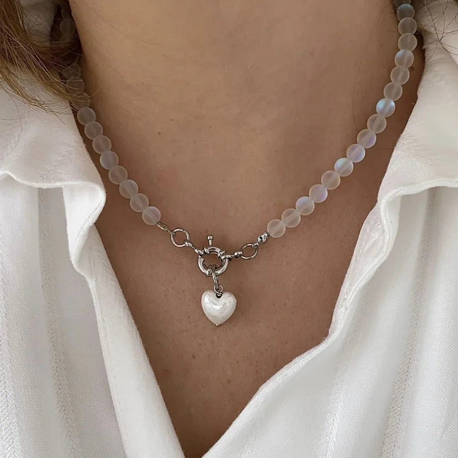 Natural Moonstone Quartz Crystal Necklace Choker for Women Heart Charm OT Clasp Healing Energy Cat Eye Stone Necklace Jewelry