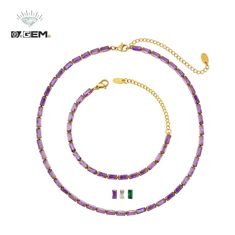R.GEM. 18K Gold Plated Stainless Steel Classic Women's Link Chain Earring Purple Green White Zircon Rhinestone Jewelry Set