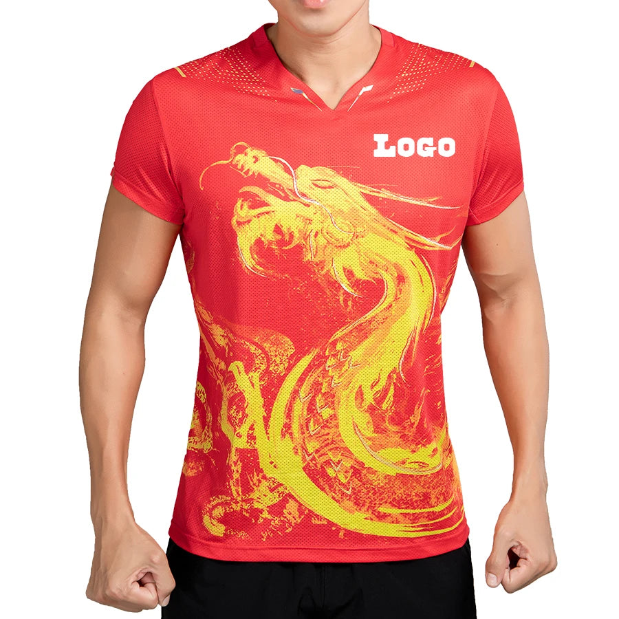 Lidong Custom Dtg Printing Sports V-Neck T-Shirts Chinese Dragon Style Ping-Pong Ball Team Jersey Moisture Wicking Mesh Fabric
