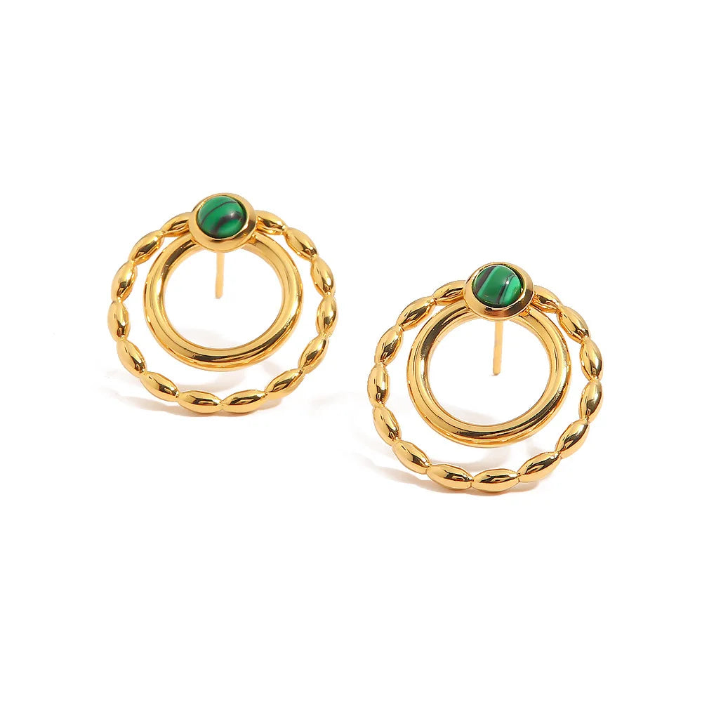 Handmade Texture Stamped Double Hoops Gold PVD Plating Malachite Earring