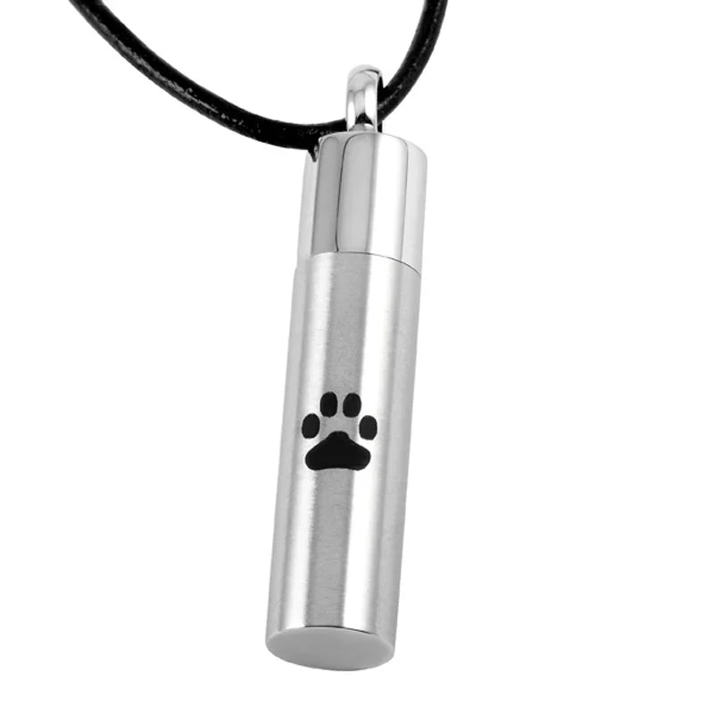 Vintage Christian Stainless Steel Cylinder Cute Paw Print Engraved Pet Memorial Urn Necklace Ashes Pendant Jewelry Funeral Gift