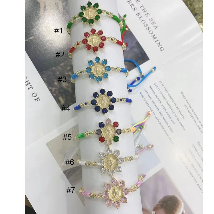 BC3016 Chic Dainty 18k Gold Plated Crystal Diamond CZ Zircon Virgin Mother Mary Charm Macrame Cord String Bracelets
