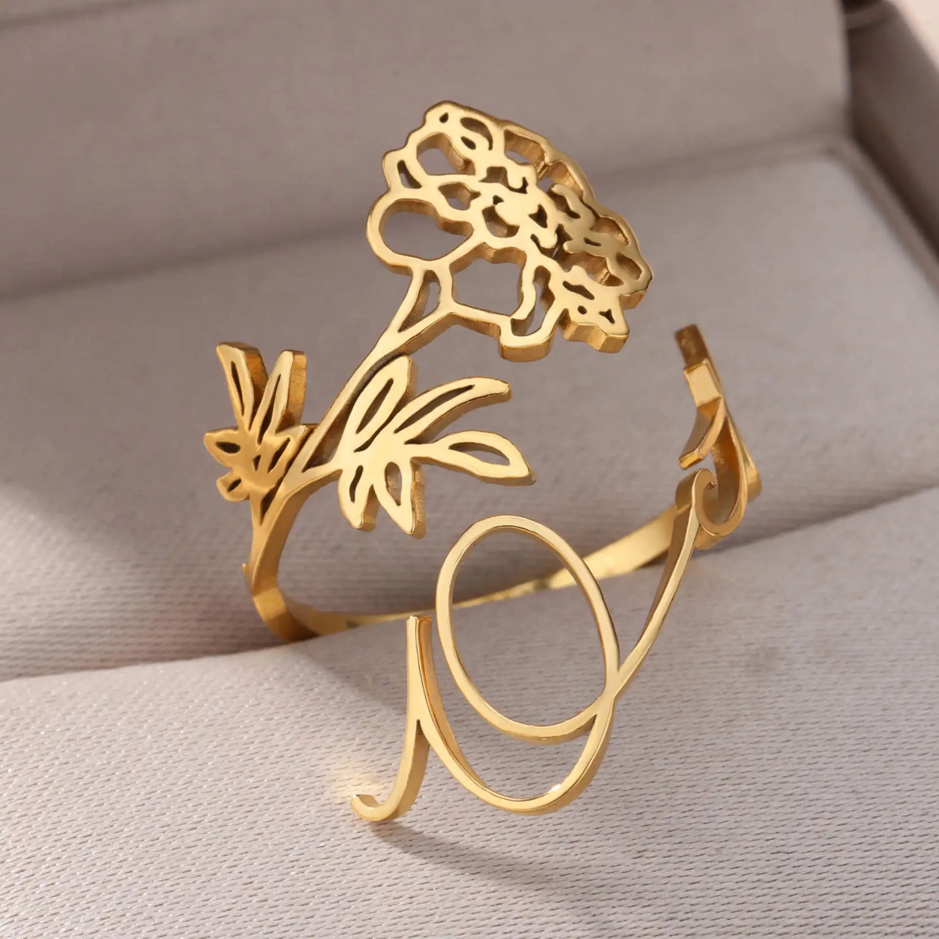Lateefah OEM Custom Name DIY Stainless Steel Cuff Finger Ring 12 Months Birthday Flower Script Adjustable Unisex Couple Jewelry