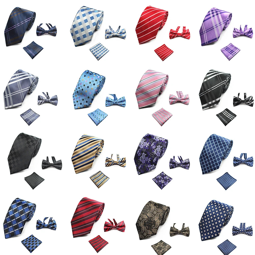 Mens Silk Skinny 3.15 Inch Plaid Stripe Neck Tie Pre-tied Bow Tie Pocket Square Handkerchief Hankie 3pcs Set 38 Styles
