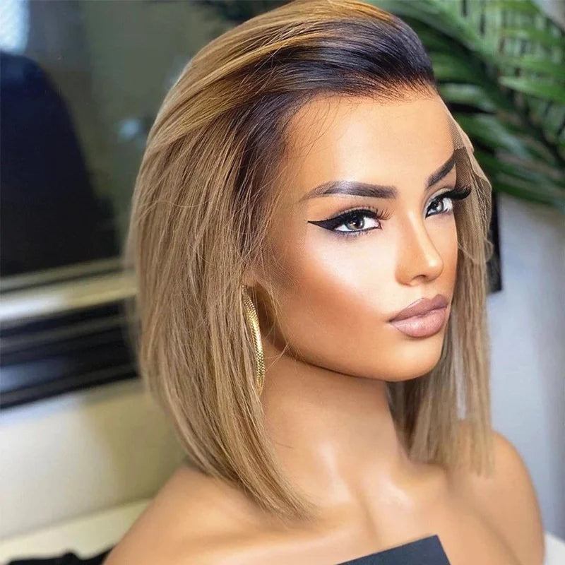Virgin Cuticle Aligned Brazilian Ombre Honey Brown Short Bob Lace Front Wig Straight Transparent HD Lace Human Hair Wigs Vendors