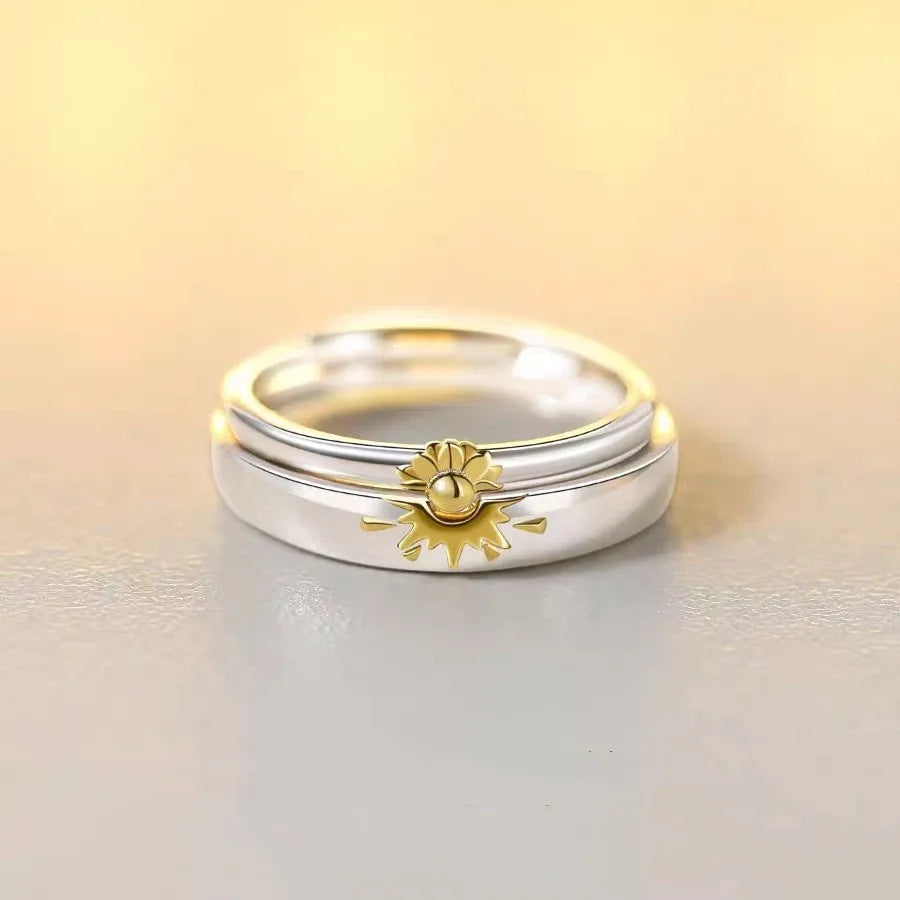 Platinum Plated Romantic Sun Couple Ring for Wedding Jewelry Puzzle Sunflower Matched Design Couple Ring for Men Women