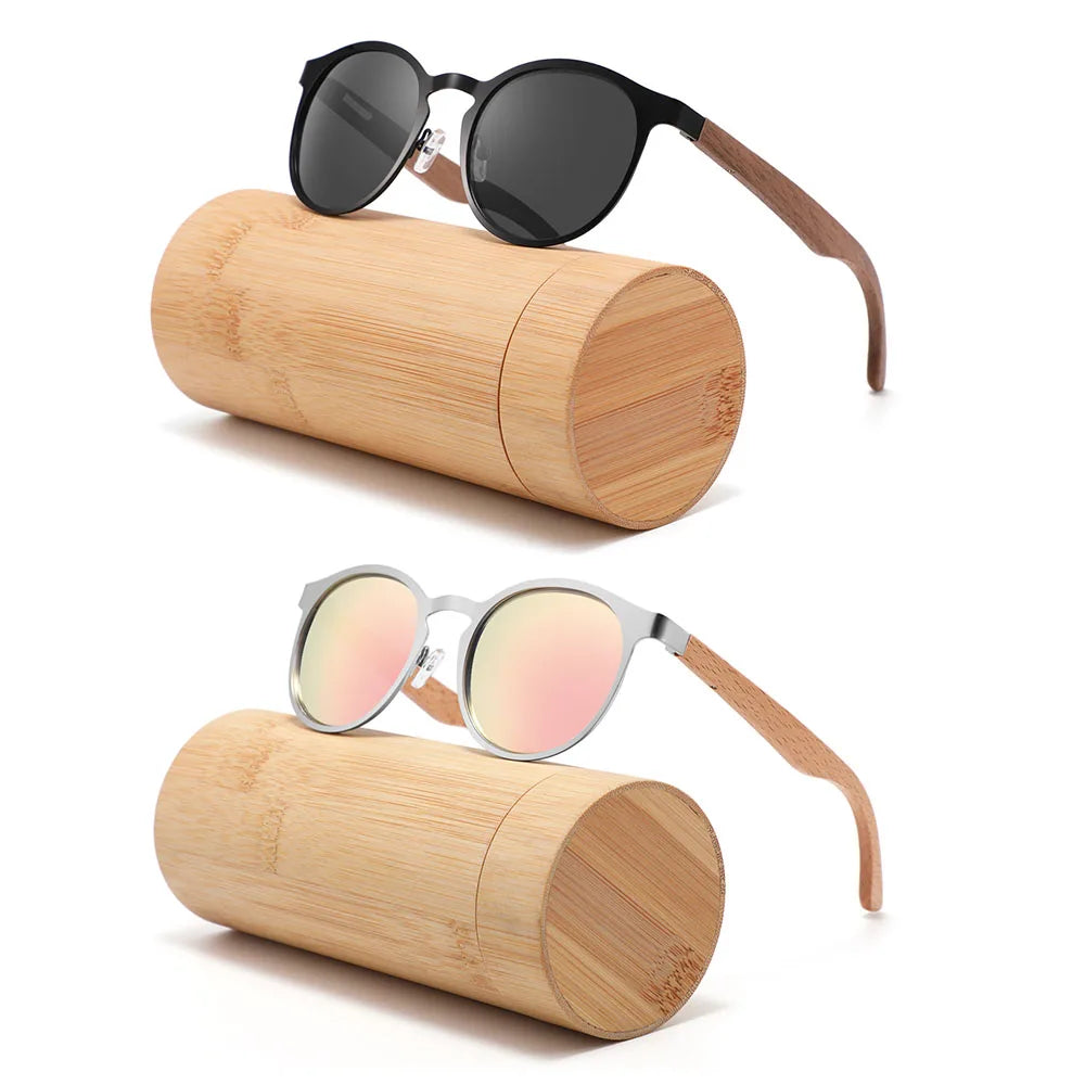 Stylish Women Round Metal Frame Sunglasses Wooden Arms Hot Sale Sun Glasses for Custom Logo