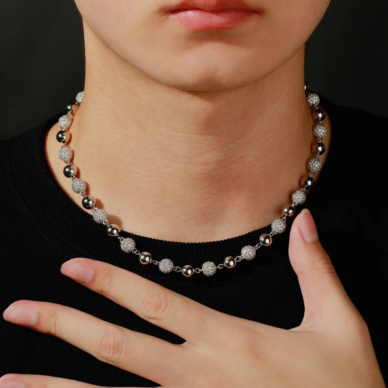 Cyberpunk INS Neutral Metal Style Real Gold Plated 6mm-8mm Diamond Bead Chain Hip-hop Bracelet Necklace Set