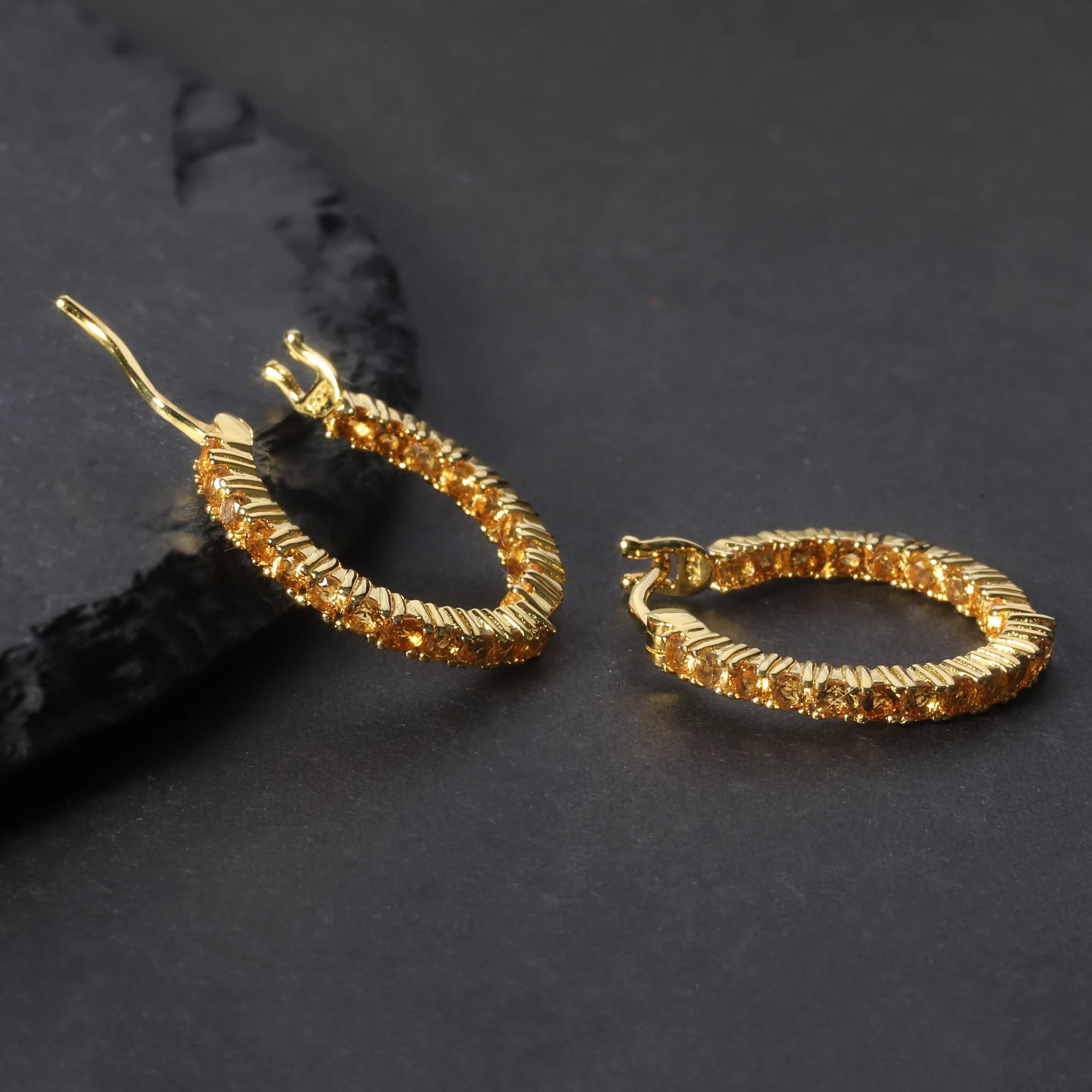 RZ0012 Abiding Jewelry Non Tarnish Designer Citrine Natural Yellow Stone 925 Sterling Silver Gold Plated Huggie Hoop Earrings