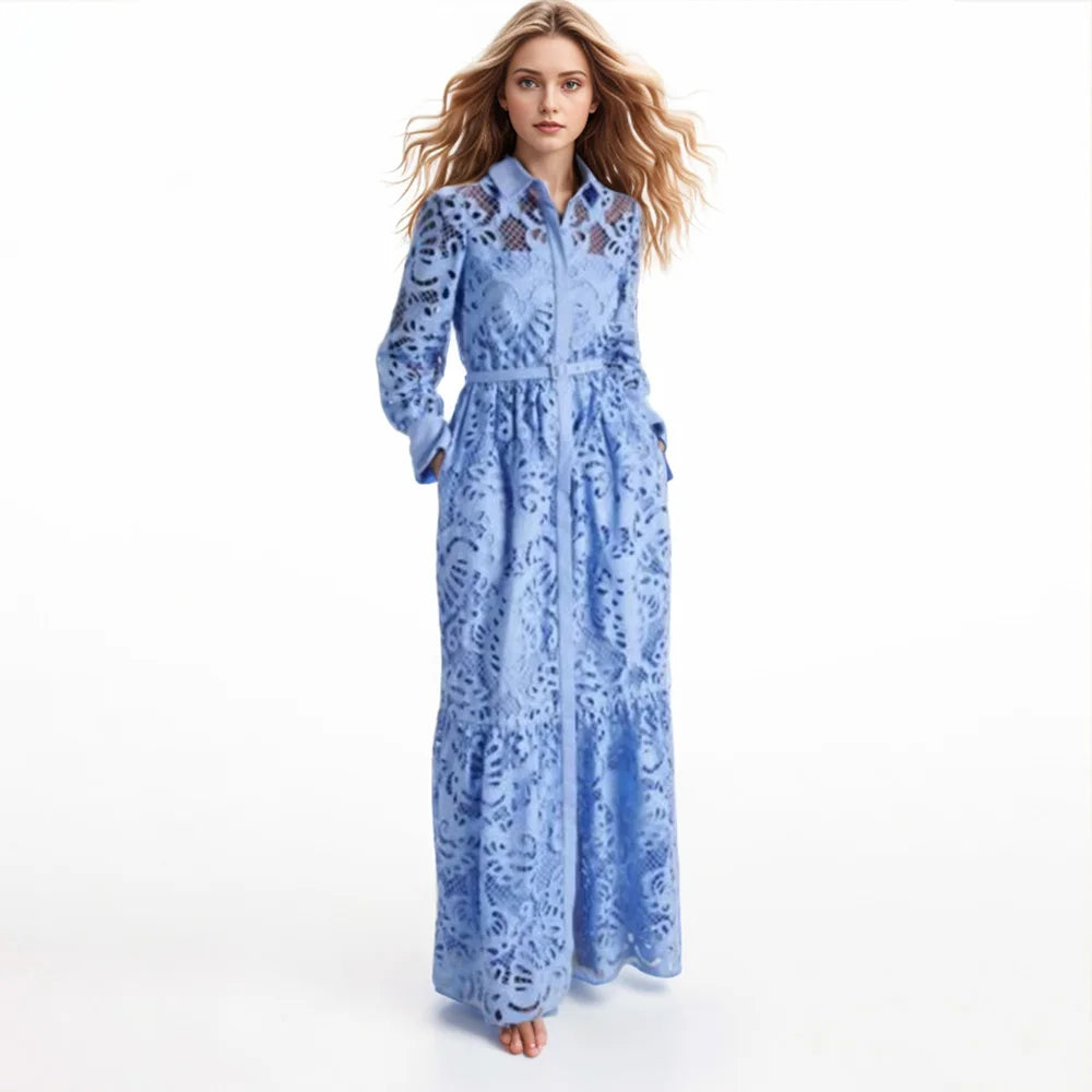 2024 New Arrivals French Artistic Elegant Retro Style Lapel Hollow-Out Cinched Dress Women