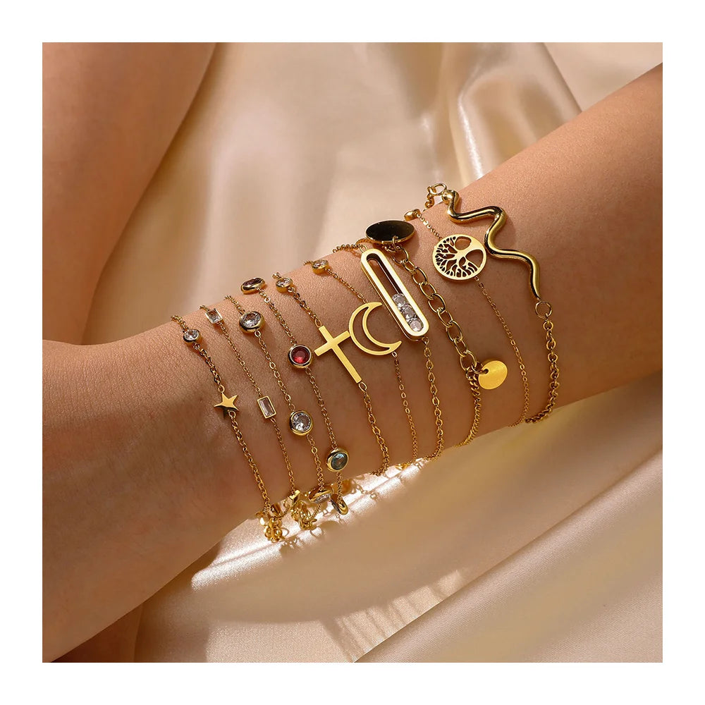 New Adjustable 18k Gold Plated Anti Tarnish Stainless Steel Zircon Star Moon Cross Bracelet for Women Jewelry