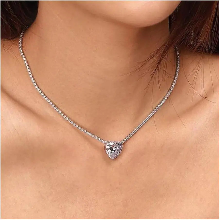 Deluxe Women's Anniversary Square Encircled Zirconia Gold Plated Vintage Style Love Heart Crystal Snake Bone Chain Necklace