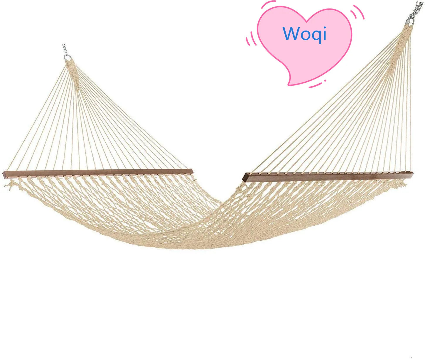 WOQI Hammocks Traditional Cotton Rope Hammock With Chains and Hooks for Yard Double Solid Wood