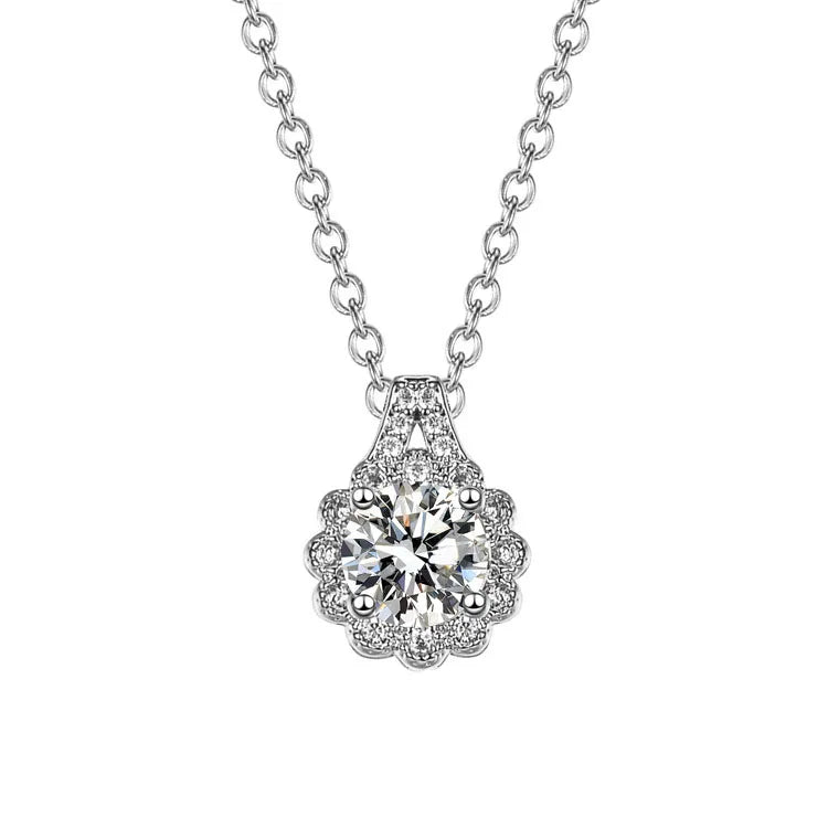 OLAN Fashion Jewelry 1.0ct Round Cut Moissanite Flower Design Pendant 925 Sterling Silver Moissanite Necklace for Women