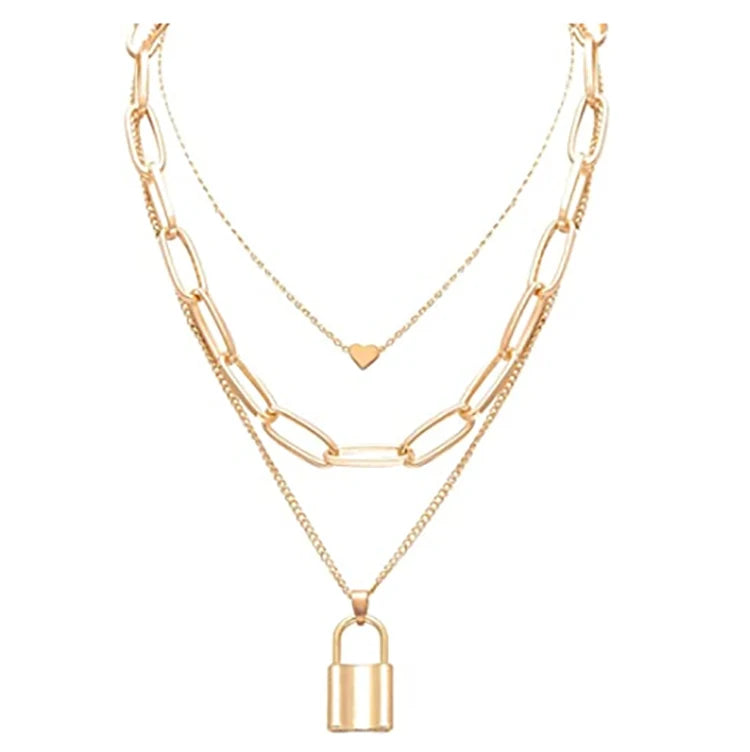 Modern Fashion Layered Necklace Lock Pendant Punk Long Chain Necklace for Women