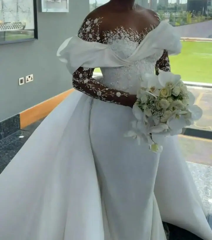 2023 Beaded Lace Mermaid Wedding Dresses With Detachable Train Long Sleeves Plus Size Africa Mariages Bridal Gown
