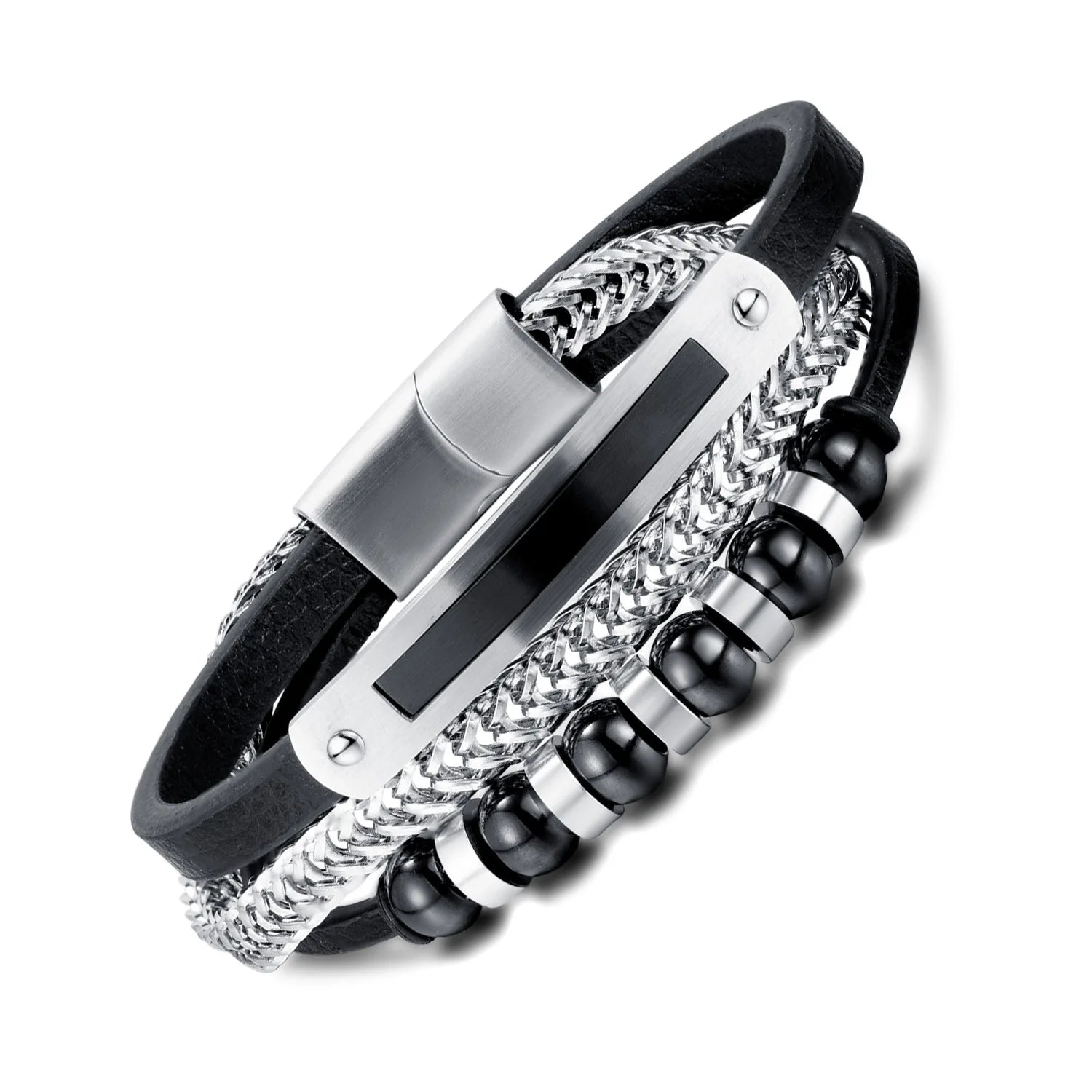 New Fashion Bracelet for Men Stainless Steel Layers Bracelet with Leather and Chains Magnetic Clasp Handmade Jewelry Bracelet