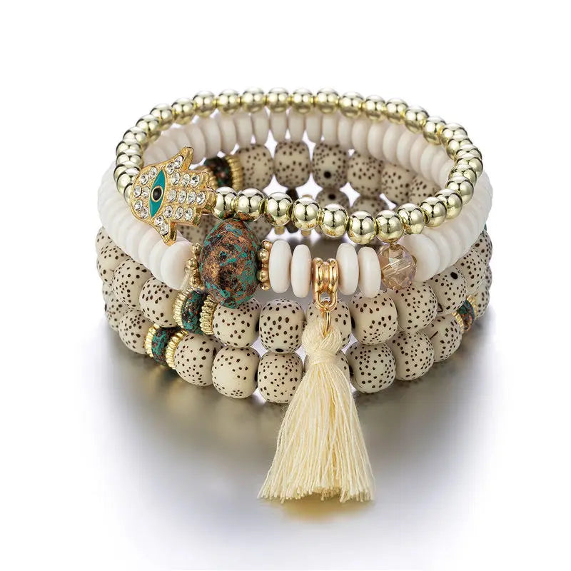 Handmade 4pcs Bohemian Not Real Bodhi Beads D-evil Eye Charm Stackable Beaded Bracelet and Bangle Set Jewelry for Women